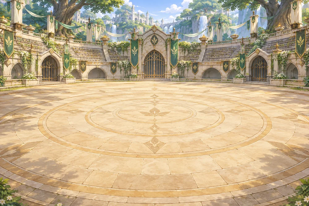 An overgrown stone arena surrounded by trees and warm lanterns
