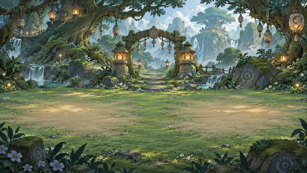 A sunlit forest clearing with mossy stones and ancient trees